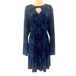 Blue Black Print Keyhole Swing Dress w/Pockets Size 22/24W 3X Plus Fall Winter